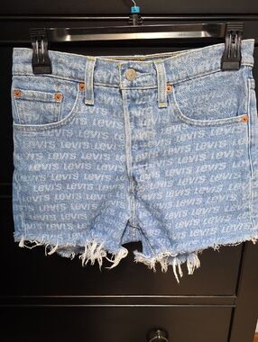 Levi's 501 Logo Print High Rise Cut Off Denim Jean Shorts - Size 25